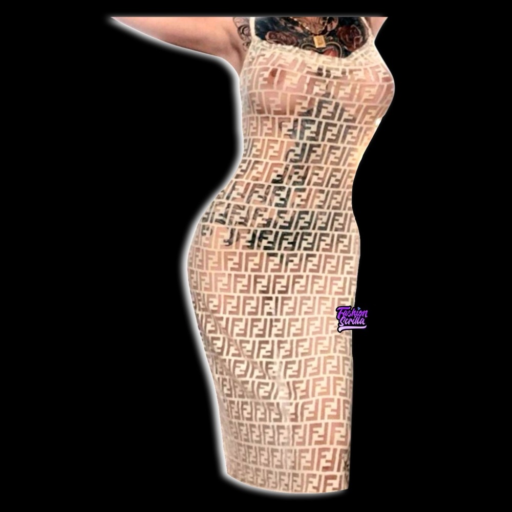 Vintage Fendi Monogram Logo FF Zucca Dress (nude) Sheer Nylon Lace - Picture 4 of 15